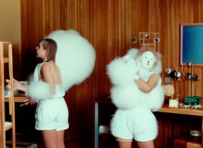 Prompt: realistic photo of a three young female birdman wearing white shorts, watching at a levitating fluffy furry cloud, in a living room sci - fi laboratory with many wooden gadgets made of wood interior is made of wood 1 9 9 0, life magazine reportage photo, natural colors