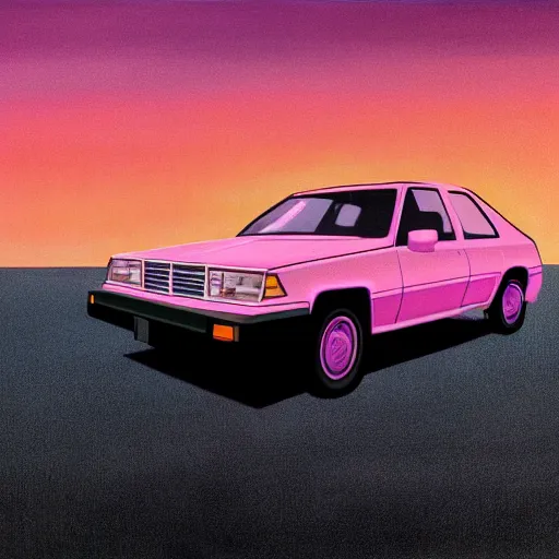 Image similar to an old white 1 9 8 0 s car parked off the road, sunset, ocean in distance, pink, oil painting, pale colors, high detail, 8 k, wide angle, trending on artstation,