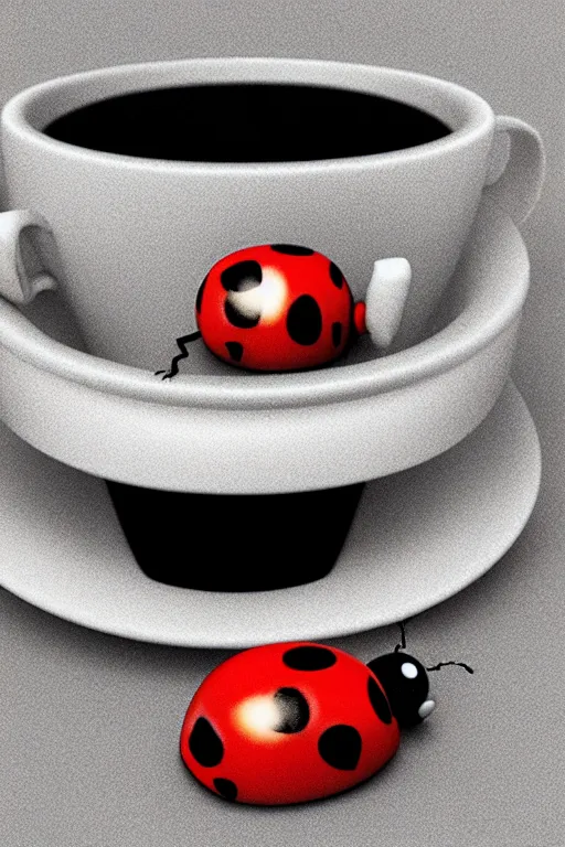 Image similar to a red ladybug with big eyes on side of a cup of coffee at picnic. pixar disney 4 k 3 d render movie oscar winning trending on artstation and behance. ratatouille style.