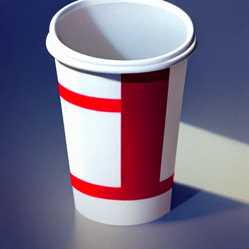 Image similar to white paper cup with red strip!!!, hyperrealistic, highly detailed, cinematic, volumetric sunlight, beautiful, cgssociety, artstation, 8 k, oil painting by greg rutkowski, by artgerm, by wlop