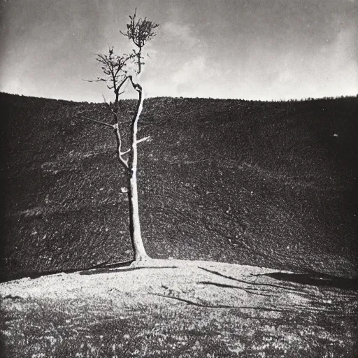 Prompt: a black and white photo of a tree on a hill, 1 9 2 0