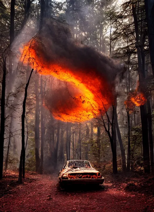 Prompt: burned car in a beautiful enchanted forest full of vibrant life, ray casting, light rays, award winning photo