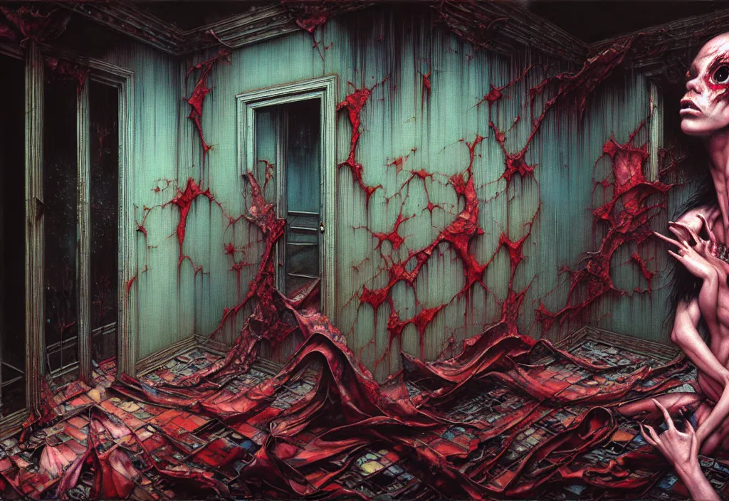 Prompt: realistic detailed photo rendered in octane 3d , of nahuales in a huge abandoned old haunted house by Francis Bacon, by Ayami Kojima, Amano, Karol Bak, Greg Hildebrandt, and Mark Brooks , rich deep colors. Beksinski painting, art by Takato Yamamoto. masterpiece. rendered in blender, ultra realistic, smooth shading, ultra detailed, high resolution, cinematic, unreal 6