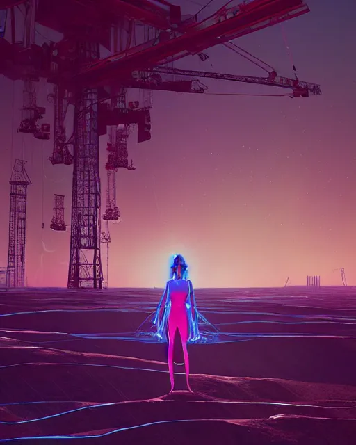 Image similar to a glowing female spirit cries out in agony. drilling rigs bore into the earth in the background. wide shot, detailed, sharp, 8 k, digital art by beeple.