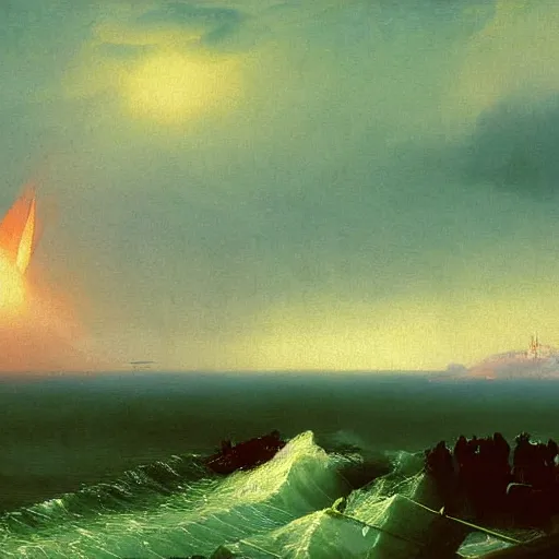 Image similar to godzilla on the coast painting by aivazovsky