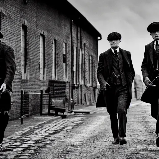 Prompt: peaky blinders black running from the police, black and white photo