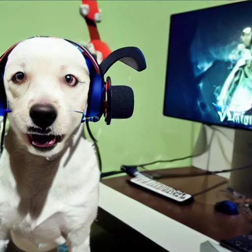 Image similar to a cute dog playing valorant, the dog is wearing a headset, dog is facing the monitor, we can see a man holding a gun in valorant on the screen