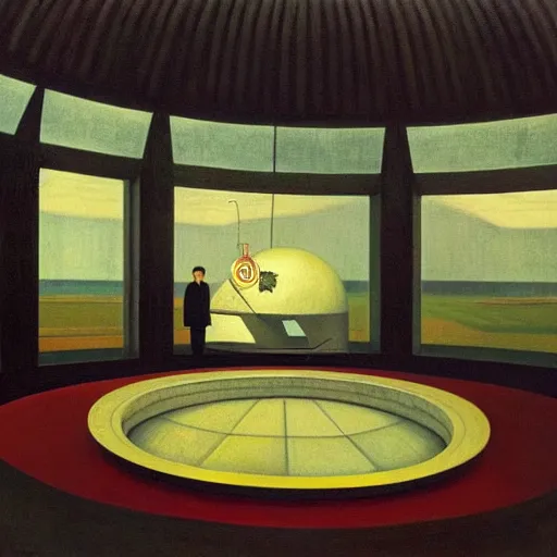 Image similar to portrait of an evil mastermind inside a dome - shaped control center, evil lair, grant wood, pj crook, edward hopper, oil on canvas