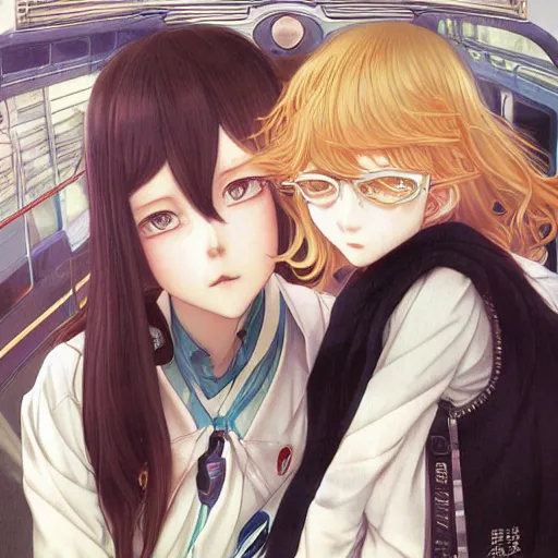 Prompt: two Japanese high school girl ,bus ,by Range Murata and mucha