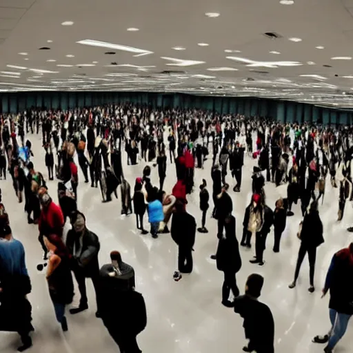 Image similar to a huge room full of people, many tall standing mirrors reflecting the people in room