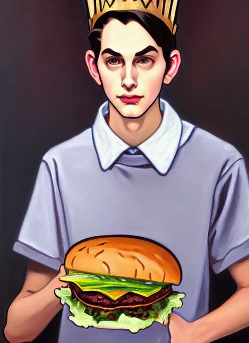 Image similar to oil painting, teenage jughead jones, wears a light grey crown, and devours a hamburger, intricate, elegant, highly detailed, pinocchio nose, lighting, painting, artstation, smooth, illustration, art by greg rutowski and alphonse mucha