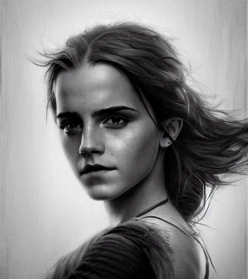 Image similar to emma watson, beautiful piercing eyes, realistic face, black and white drawing, in the style of greg rutkowski, fantasy, amazing detail, epic, intricate, elegant, smooth, sharp focus