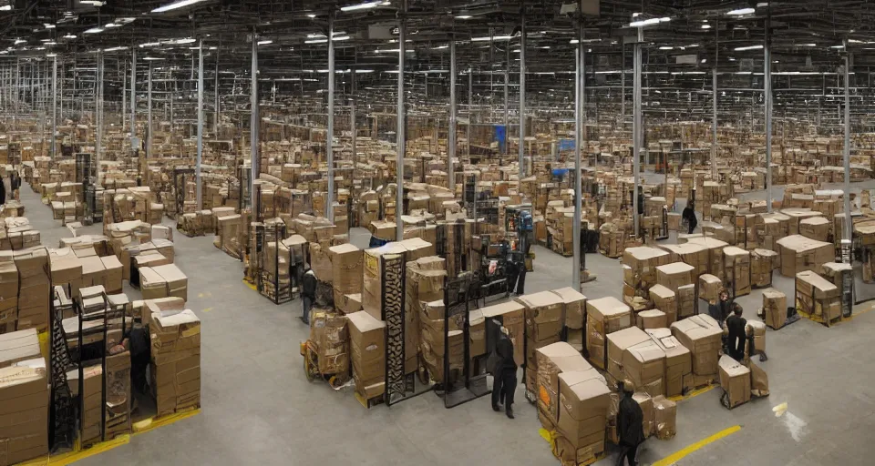 Prompt: film still of a heist movie about liberating Amazon warehouse workers directed by Denis Villeneuve