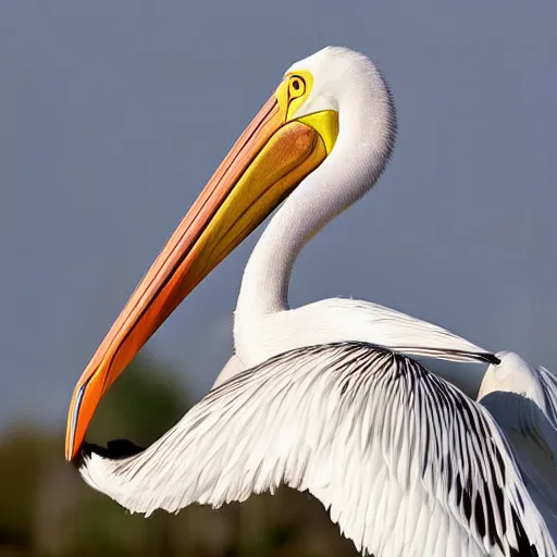 Prompt: awardwinning nature photography portrait of a white pelican in full flight as seen from below. extremely high detailed beak