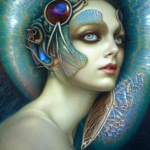 Image similar to beautiful closeup portrait of an art deco faerie queen, glowing eyes. reflective detailed textures, moth wings, highly detailed dark fantasy science fiction painting by tom bagshaw and michael whelan and diego rivera and annie swynnerton and jean delville and moebius and evelyn de morgan and syd mead, elaborate geometric ornament, ancient runes, silver and cool colors. artstation