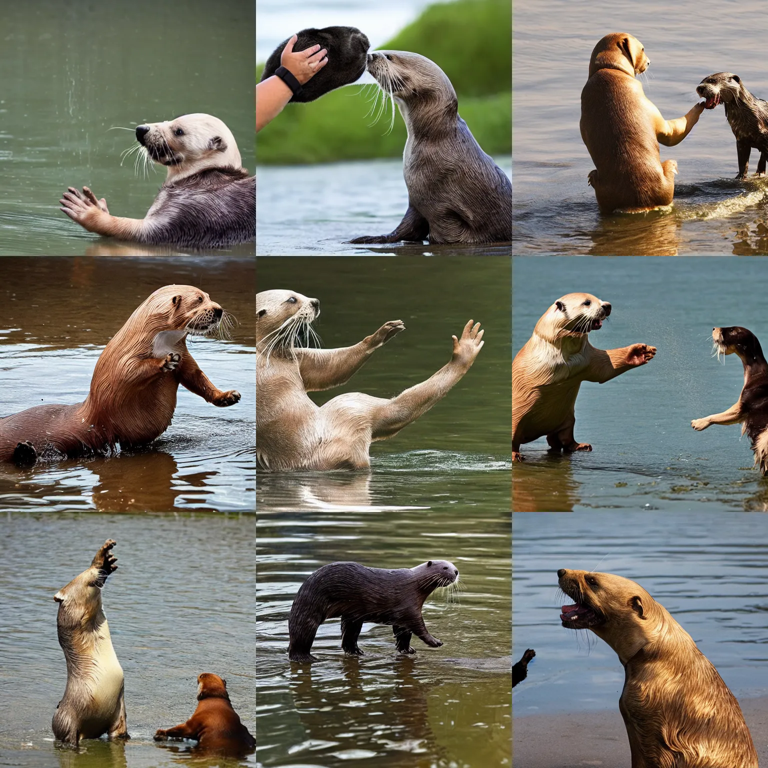 Prompt: a dog giving a high five to an otter, award winning photography