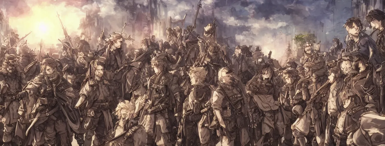 Image similar to calvary soldiers mutiny rebellion nihilistic. hyperrealistic anime background illustration by kim jung gi, colorful, extremely detailed faces, intricate linework, smooth, super sharp focus, bright colors, high contrast, matte, octopath traveler, studio ghibli, unreal engine 5 highly rendered, global illumination, radiant light