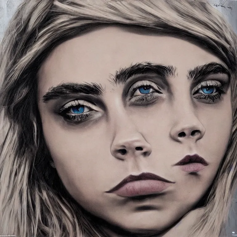 Image similar to Street-art portrait of Cara Delevingne in style of Banksy, photorealism