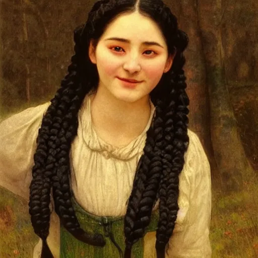 Prompt: a ((sadly)) (((smiling)))) black haired, young hungarian servantmaid from the 19th century who looks very similar to (((Lee Young Ae and Lee Young Ae))) with a two french braids, detailed, soft focus, realistic water colour painting by John Everett Millais, Munkácsy, Ilya Repin, Csók István, and da Vinci