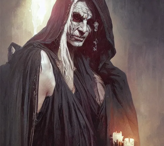 Image similar to portrait of an old decaying necromancer, black eyes, long dark robes, dark fantasy, dnd, d & d, illustration, by artgerm, greg rutkowski, alphonse mucha - h 7 6 8