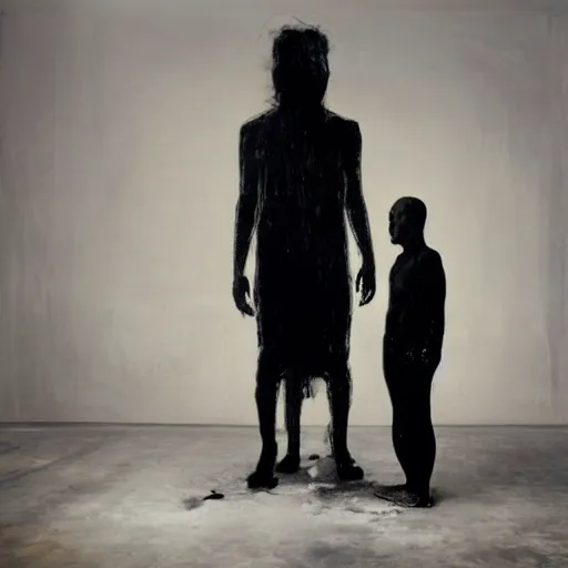 Image similar to The mixed mediart shows a the large, black-clad figure of the king looming over a small, defenseless figure huddled at his feet. The king's face is hidden in shadow, but his menacing stance and the large, sharp claws on his hands make it clear that he is a dangerous and powerful creature. by Nicola Samori realist