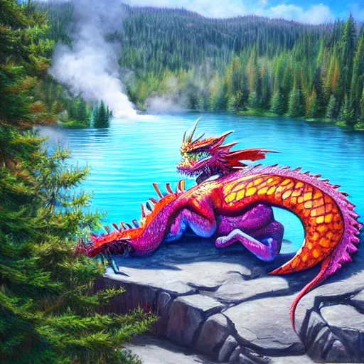 Prompt: highly detailed oil painting of a dragon resting in a colorful hotspring at yellowstone national park, featured on artstation