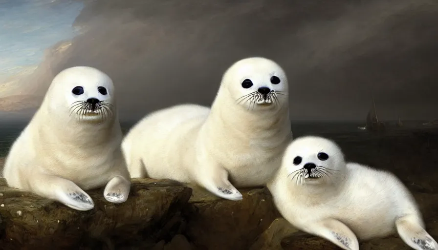 Prompt: highly detailed painting of cute furry white baby seals on an out of control cad by william turner, by greg rutkowski, by william constable, thick brush strokes and visible paint layers, 4 k resolution