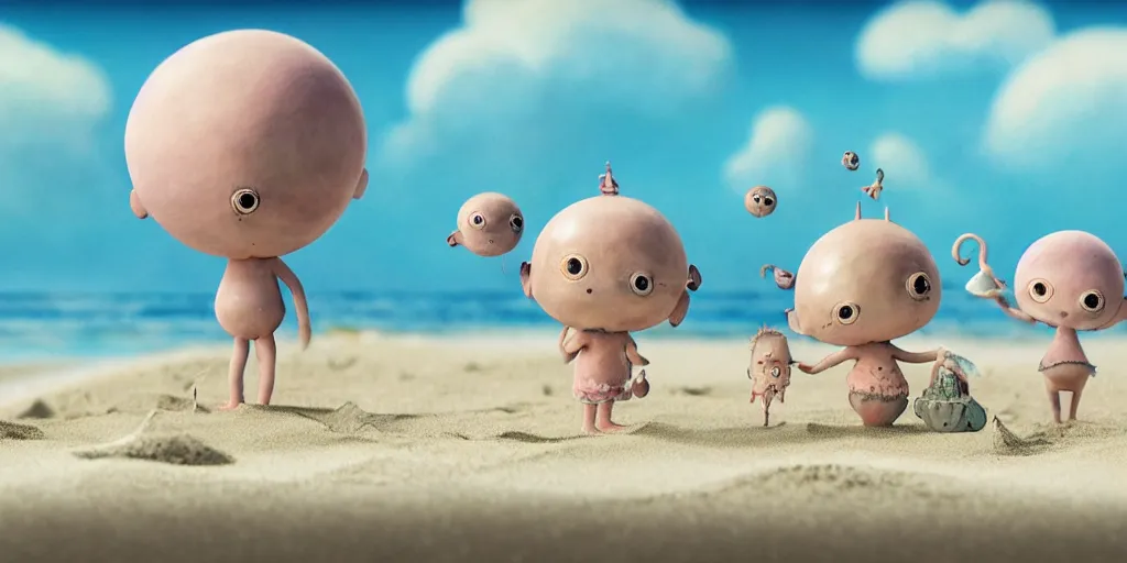 Prompt: a wholesome animation key shot of fuuny creatures playing in the sand on the beach at the seasideby studio ghibli, nicoletta ceccoli, mark ryden, lostfish, max fleischer, detailed and intricate environment, bloom, 8 k resolution, hyperrealistic, octane render, vivid colors, bright, cheerful, detailed and intricate environment