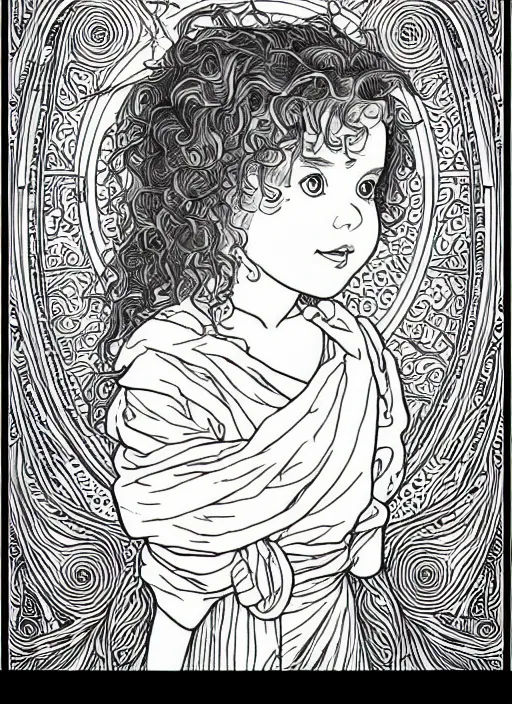 Image similar to clean simple line art of a little girl with wavy curly hair and a blank background. well composed, clean coloring book page, beautiful detailed face. coloring book line art by greg rutkowski and johanna basford and alphonse mucha