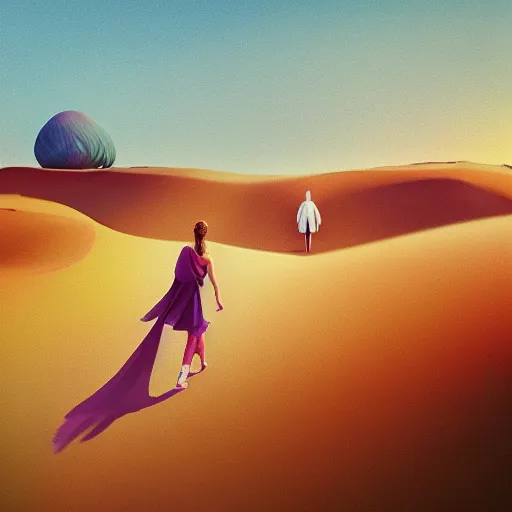 Image similar to portrait, giant purple dahlia flower head, girl walking between dunes, surreal photography, sunrise, blue sky, dramatic light, impressionist painting, digital painting, artstation, simon stalenhag