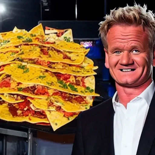 Image similar to < photo hd trending funny > gordon ramsey exudes joy from seeing an incredibly oversized plate of nachos < photo >