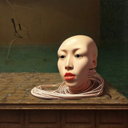 Image similar to Kenne Gregoire, award winning masterpiece with incredible details, Zhang Kechun, a surreal vaporwave vaporwave vaporwave vaporwave vaporwave painting by Thomas Cole of an old pink mannequin head with cables and wires coming out of it's neck, sinking underwater, highly detailed