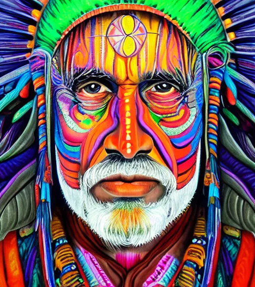 Image similar to Portrait painting in a style of Alex Grey of an old shaman dressed in a colorful traditional clothes.