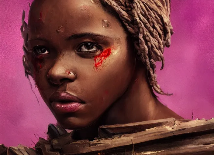 Image similar to landscape, portrait painting beautiful realism, an african girl pink hair in wood armor who was sprawled out was about to rise, his face covered in blood. cinematic scene, good lighting, fine art, trending on artstation, smooth draw, sharp focus.