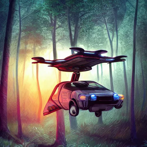 Image similar to flying car in futuristic spiritual mystical post apocalyptic forest by ron gilbert, dim painterly volumetric aquatic sunset lighting, beautiful, crisp, artstation, highly detailed