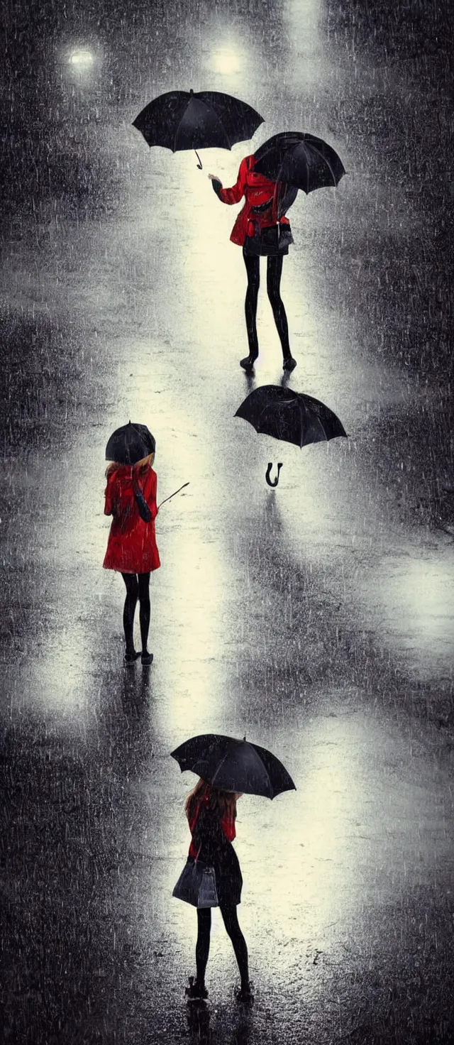 Prompt: lonely girl with umbrella on the wet road, rain, thunder, fog, night street, anime style