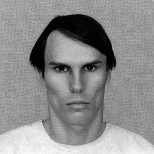 Prompt: A mugshot portrait of a man who looks like Jerma985 with short length wavy hair and a slightly receded hairline and thin bangs, wearing mid 1980s menswear in the late 1980s, taken in the late 1980s, grainy, realistic, hyperrealistic, very realistic, highly detailed, very detailed, extremely detailed, detailed, trending on artstation, front facing, front view, headshot and bodyshot, detailed face, very detailed face