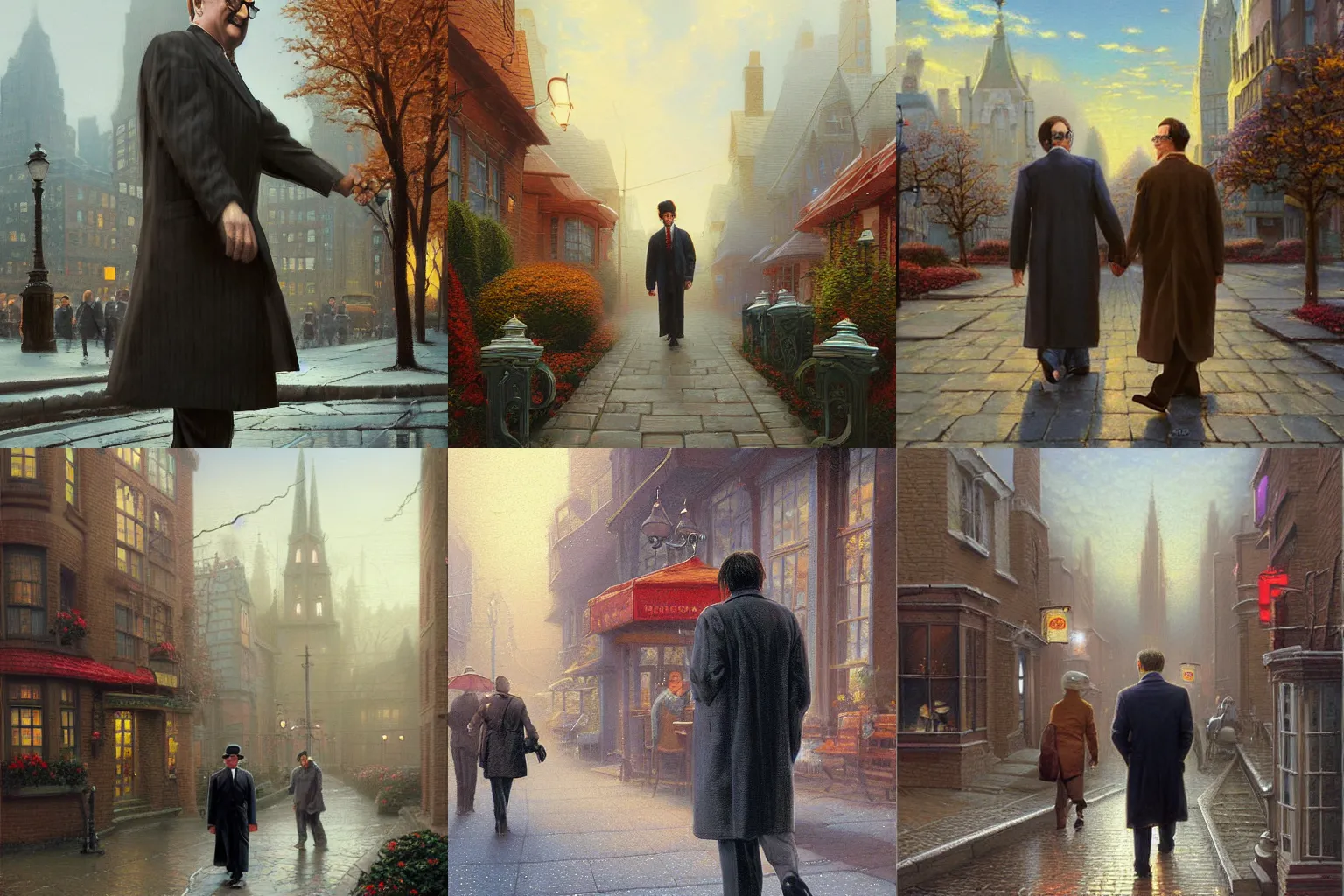 Prompt: Being There poster artwork by Michael Whelan Rendering of Peter Sellers walking down city street, full of details by Thomas Kinkade, trending on artstation