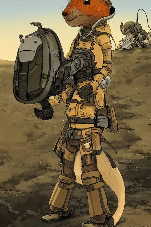 Image similar to anthropomorphic rodent with white and black ancestral ornate japanese tactical gear on an abandonment desert planet, long shot, rule of thirds, golden ratio, graphic novel by fiona staples and dustin nguyen, by beaststars and orange, peter elson, alan bean, studio ghibli, makoto shinkai