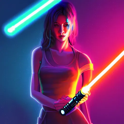 Image similar to a girl holding a lightsaber in a neon cyberpunk city at night, art station, digital art, cinematic, artgerm