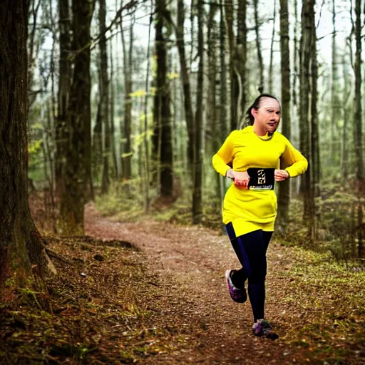 Prompt: a beautiful female orienteer wearing a yellow long - sleeved shirt and black tights runs in the forest, award winning photo, sigma 5 5.