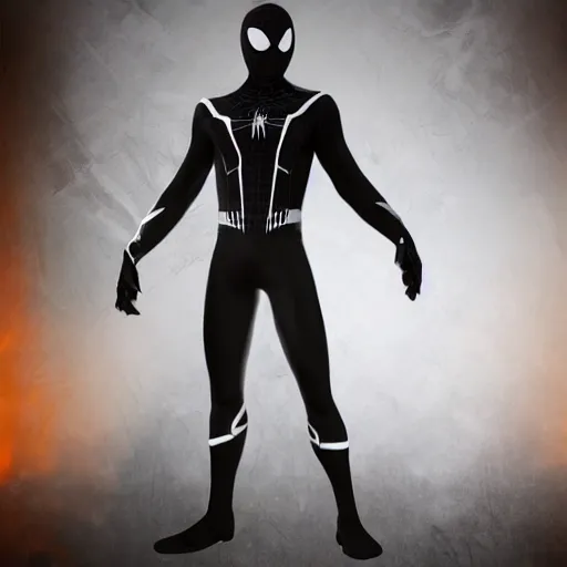 Image similar to black spider - man suit with white web lining, cinematic, volumetric lighting, realistic, hyperdetailed, photorealistic, photograph