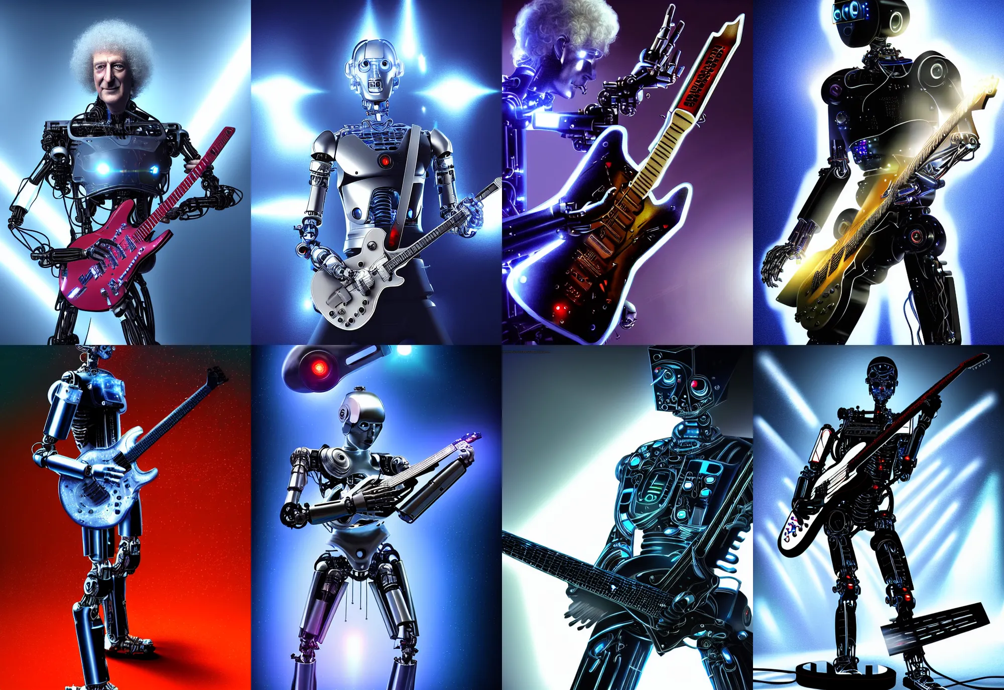 Prompt: a cybernetic cyborg robot android ( ( ( brian may ) ) ) holding an electric guitar, leds, chrome, science fiction, concept art, atmospheric, volumetric light, very realistic, highly detailed digital art