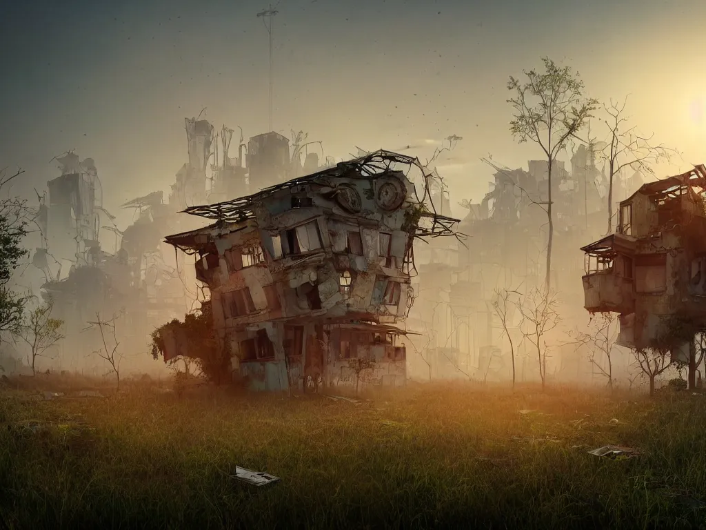 Prompt: beautiful house made from junkyard scrap parts, in an overgrown field, architectural render, futuresynth, chillwave, scrapyard architecture, blender, sunrise, (((mist))), ruined city in the background, trending on artstation, by gal barkin