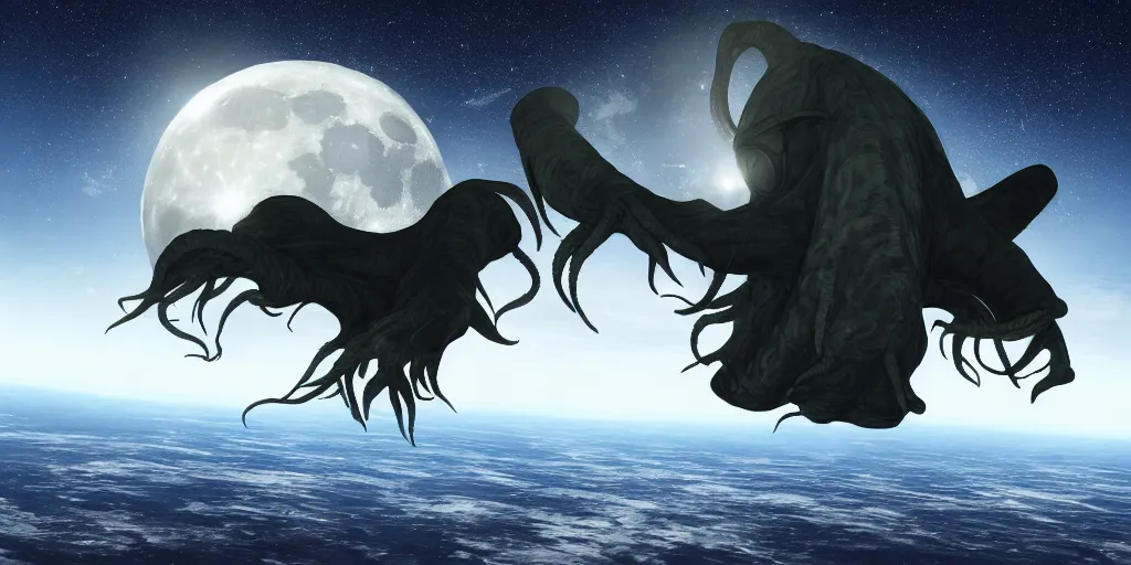 Prompt: giant Cthulhu silhouetted on top of jetfighter spaceship, photorealistic, wide-angle, long shot, epic, space, lunar backdrop
