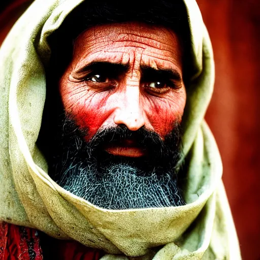 Prompt: portrait of felix beiderman as afghan man, green eyes and red scarf looking intently, photograph by steve mccurry
