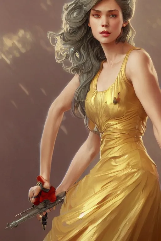 Image similar to a girl wearing a golden dress, grey hair, red necktie, cinematic, stunning, highly detailed, digital painting, artstation, smooth, hard focus, full body shot, illustration, art by artgerm and greg rutkowski and alphonse mucha