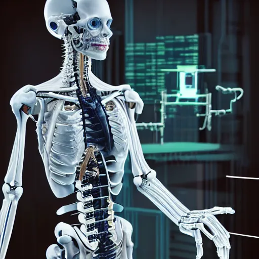 Prompt: medium photographic shot a biomechnical human with artifcial muscle tendons bones, microcircuits, tubes, cables, pumps, in the style of westworld, artificial lighting, cybernetic automatized robot factory, cyberpunk, artificial neon light, photorealistic, ultra detailled, by annie leibowitz