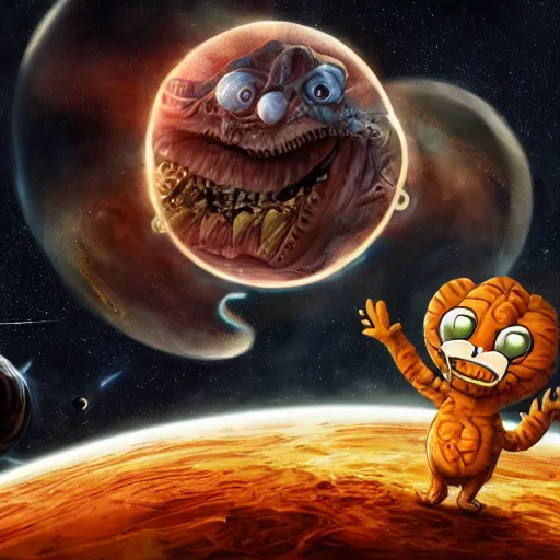 Prompt: one eldritch horror bloody garfield in space, galaxy, hd, 8 k, giant, epic, realistic photo, unreal engine, stars, prophecy, powerful, cinematic lighting, destroyed planet, debris, violent, sinister, ray tracing, dynamic, print, epic composition, dark, horrific, teeth, grotesque, scary