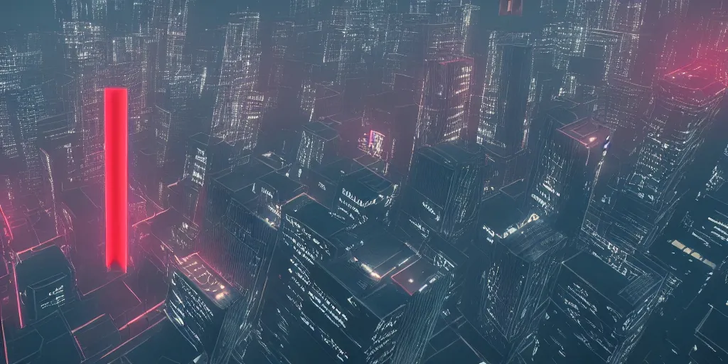 Prompt: aerial view of a dystopian city with an evil looking tall building at the center illuminating a red light from it's windows, matte painting